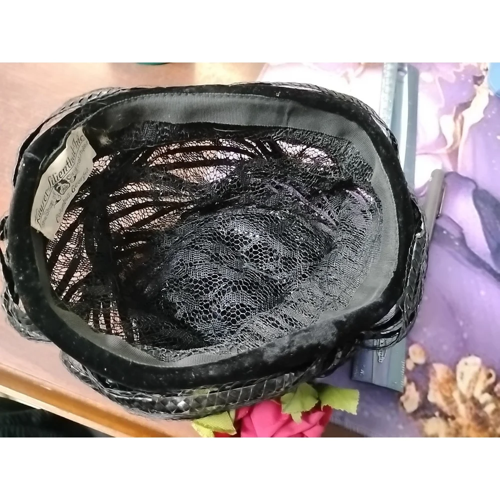 Vintage Black Woven Ladies Pillbox Hat With Roses One Size Kayser-Lilienthal